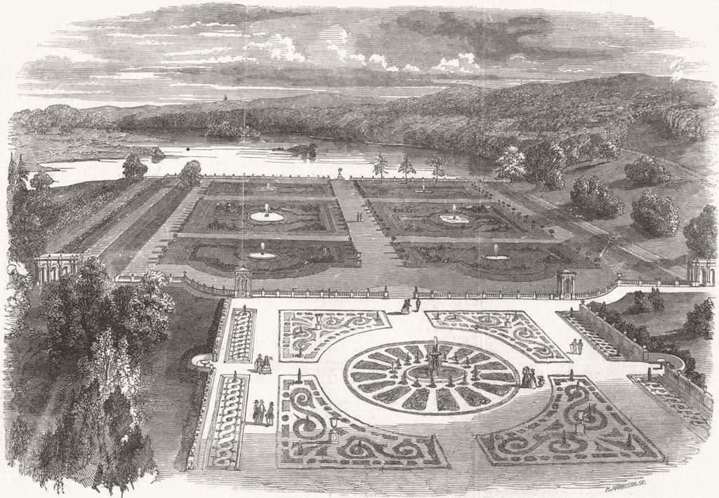 STAFFS. Trentham-The Gardens 1847 old antique vintage print picture